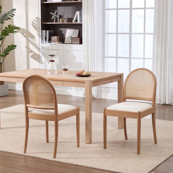 Rattan Chairs Set of 2, Upholstered Linen Backrest Chairs with Wood Legs, Modern Kitchen & Dining Furniture, Beige