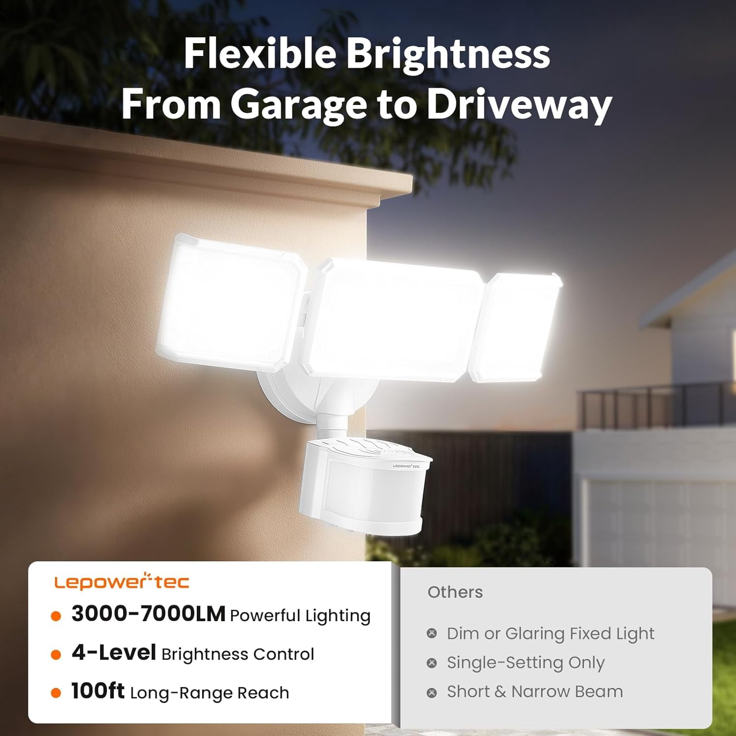 7000LM Motion Sensor Outdoor Security Light, 240 °   LED Flood Light with Dual PIR Sensors, 3-Head Adjustable Garage Light, Dusk to Dawn, IP65 Waterproof, 58W