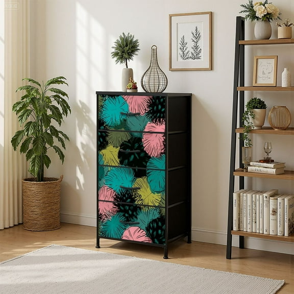 4 Drawer Vertical Storage Dresser bright artistic tropical palm leaves tropical leaves with Wood Top Fabric Pull Drawers