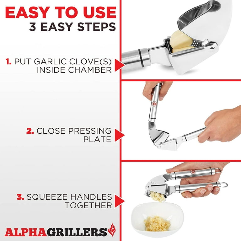 Alpha Grillers Garlic Press Stainless Steel Mincer and Crusher with  Silicone Roller Peeler. Rust Proof, Easy Squeeze, Dishwasher Safe, Easy  Clean 