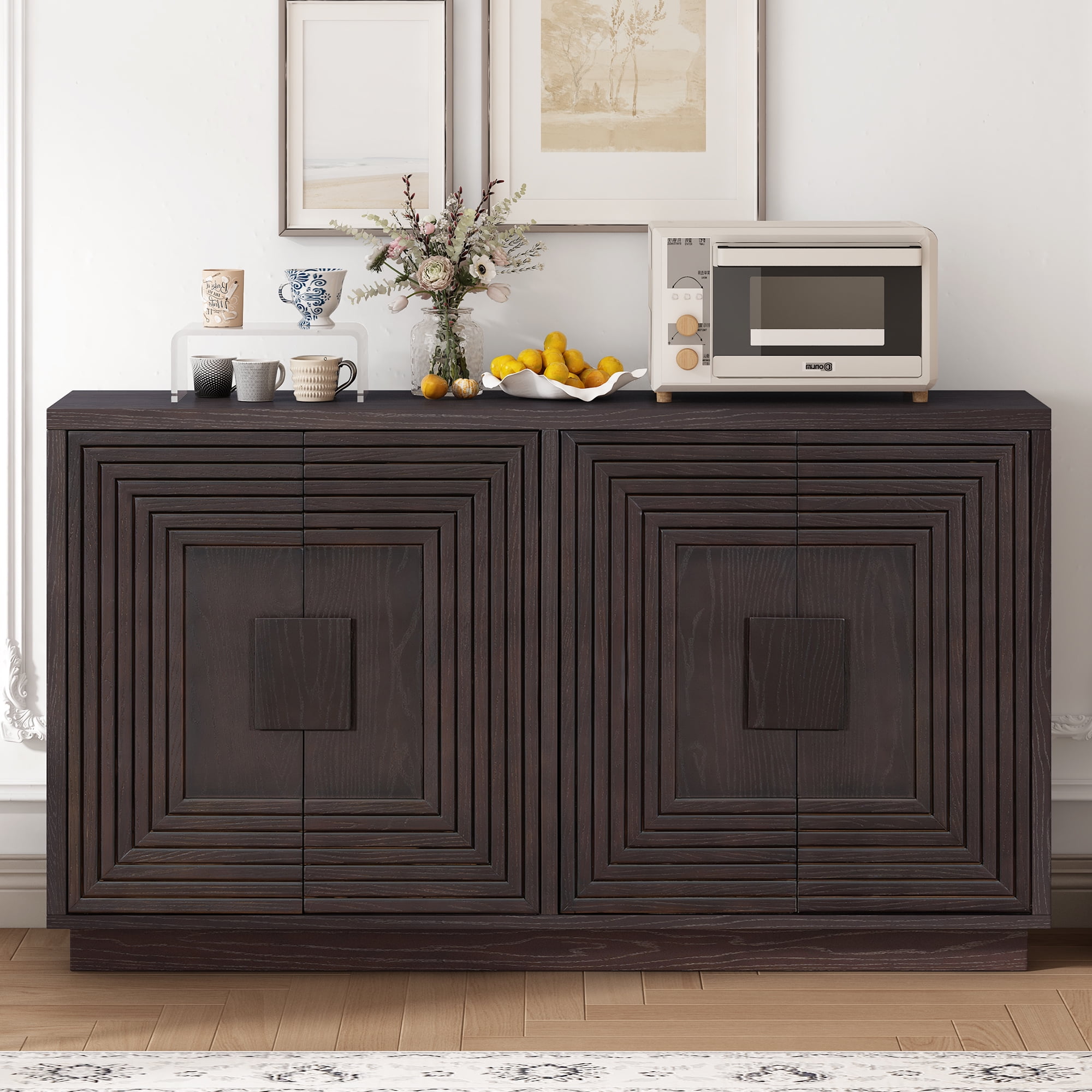 MAYEERTY 4-Door Vintage Fluted Buffet Cabinet with Adjustable Shelves for Dining Room, Kitchen, Living Room, Espresso