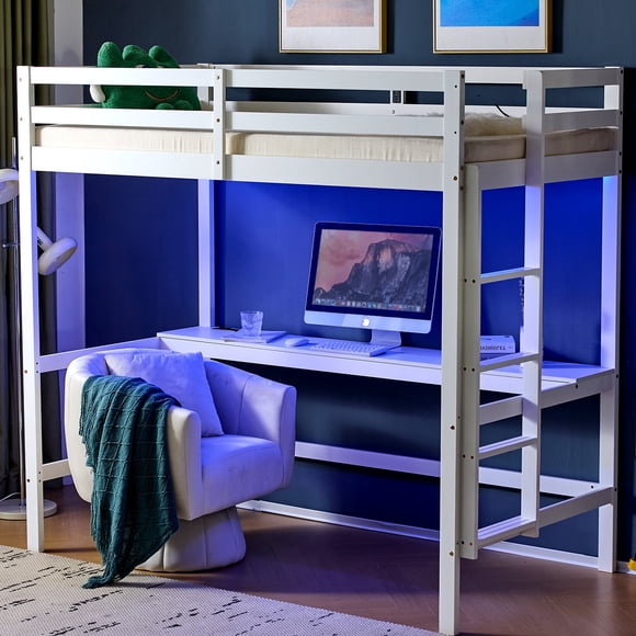Ktaxon Twin Loft Bed Frame with Desk, Wood Bunk Bed with RGB LED for Adults, 2 Charging Station on High Guardrail, White