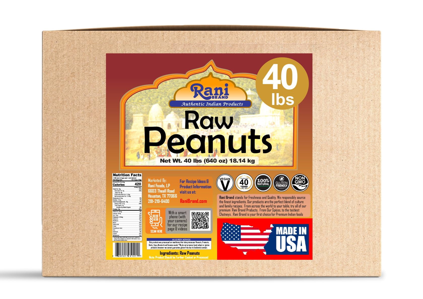 Rani Peanuts, Raw Whole With Skin (uncooked, unsalted) 40lbs (640oz) 18.14kg Bulk Box ~ All Natural | Vegan | Gluten Friendly  ~ Spanish Grade Groundnut/Red-skin