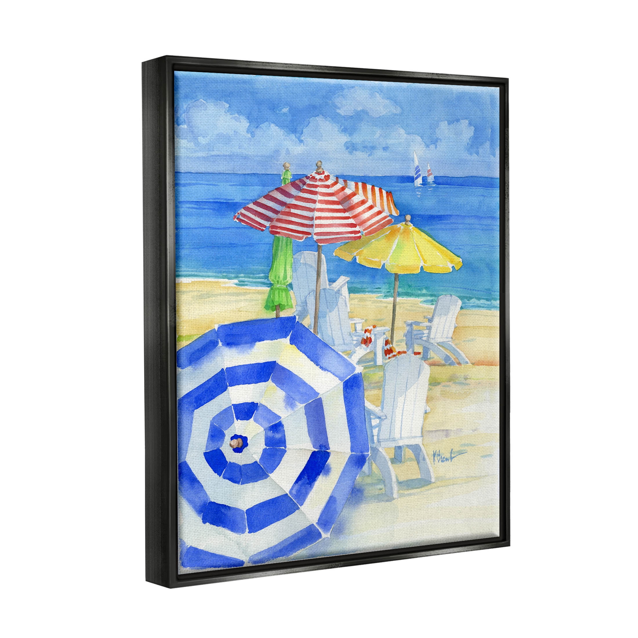 Stupell Industries Summer Beach Coast Ocean Waves Painting Jet Black Floating Framed Canvas Print Wall Art, Design by Paul Brent