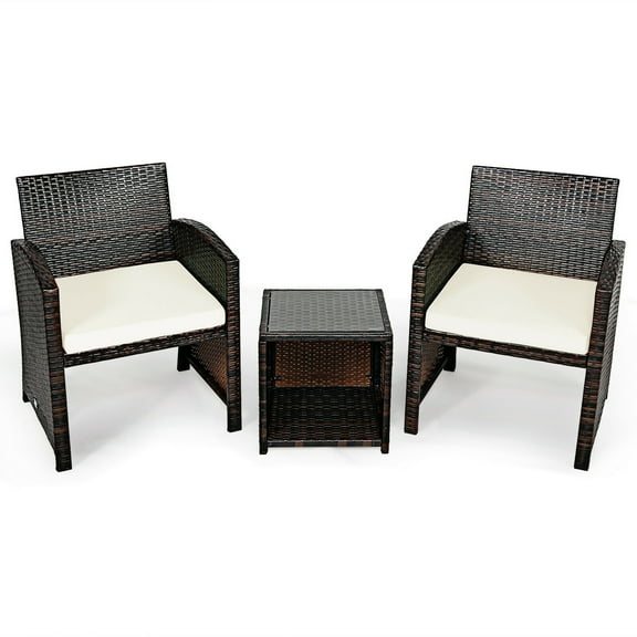Gymax 3PCS Rattan Patio Conversation Furniture Set Yard Outdoor w/ White Cushions