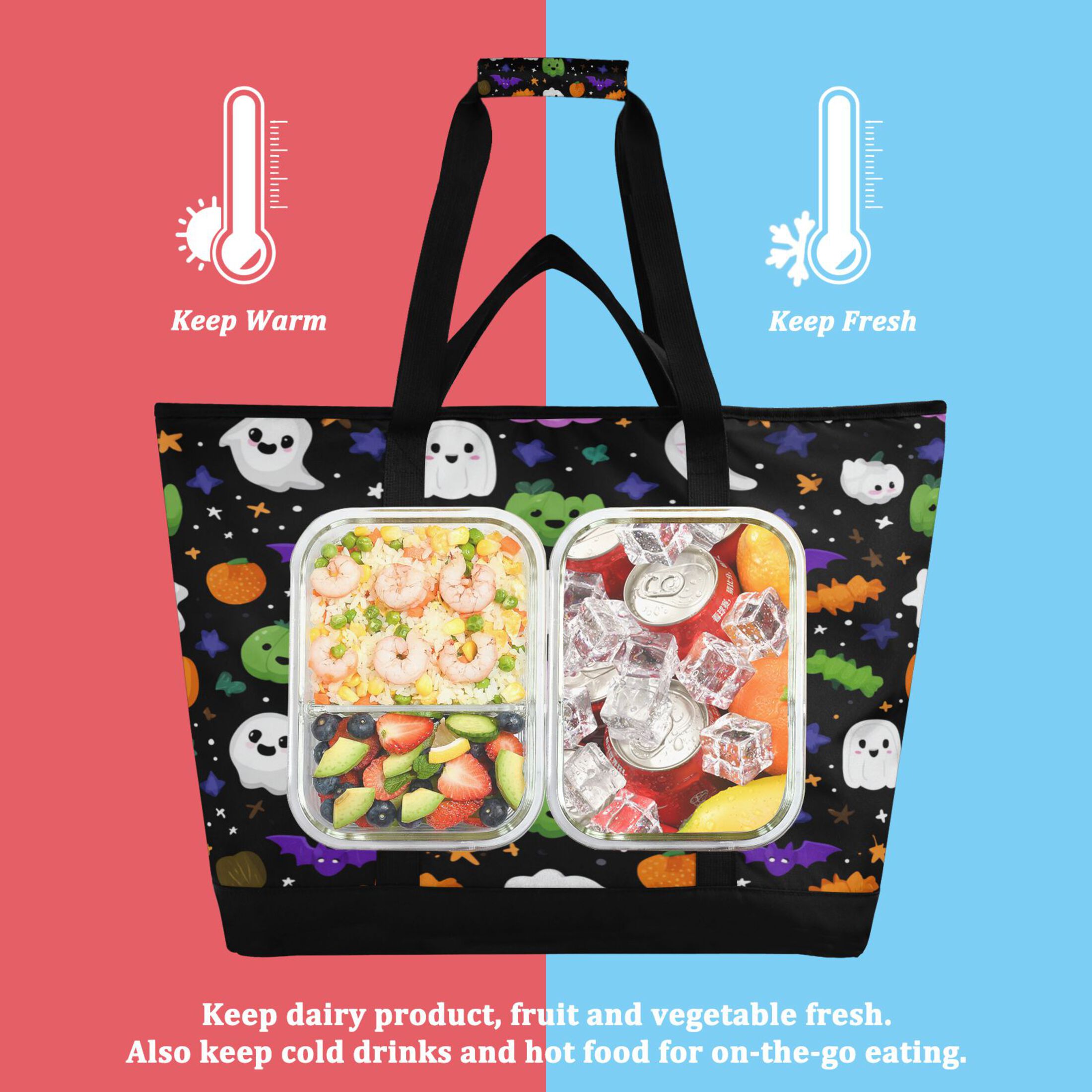 Extra-Large Wide Opening Design Capacity Hand-Held Ice Pack Thickened Insulation Layer For Long-Lasting Cold Retention For Outdoor Shopping Picnics And Camping Cartoon Ghosts Pumpkins