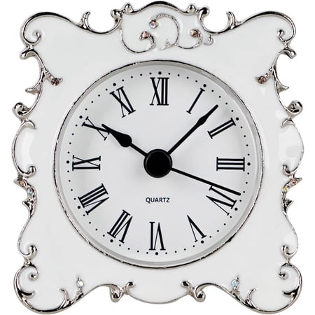 Pewter Pretty Small and Cute Vintage Table Clock with Quartz Analog Crystal Rhinestone 3 Inch for Living Room Bathroom Decoration, White Enamel