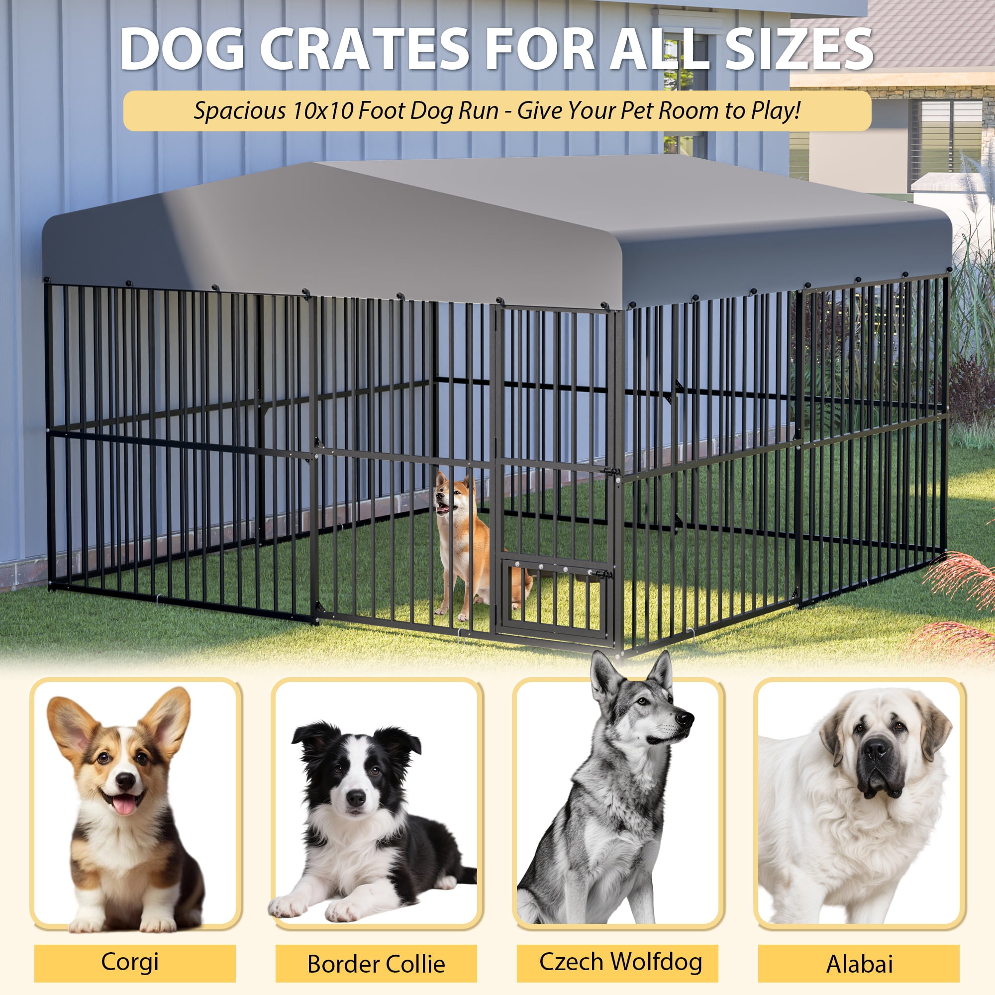 LZBEITEM 10x10ft Heavy Duty Outdoor Dog Kennel, Large Metal Dog Run Playpen with Waterproof UV-Resistant Cover & 360° Rotating Bowl Holder, Black