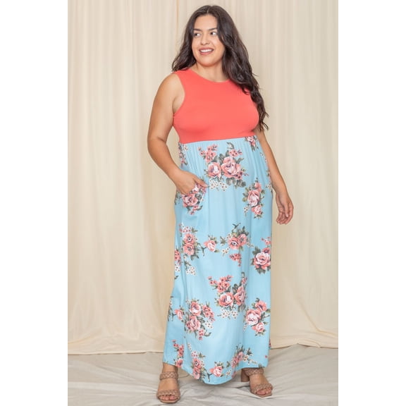Contrast Coral Mint Pink Floral Sleeveless Maxi Dress_Plus