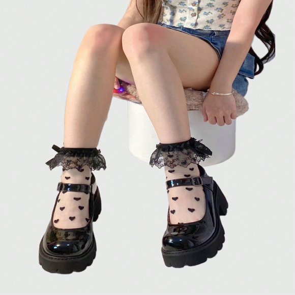 OUSITAID ROMWE Kawaii 2 Pairs Lace Bow Socks For Summer Lolita JK Crystal Mid-Calf Socks Solid Color Heart Mesh Socks For Women