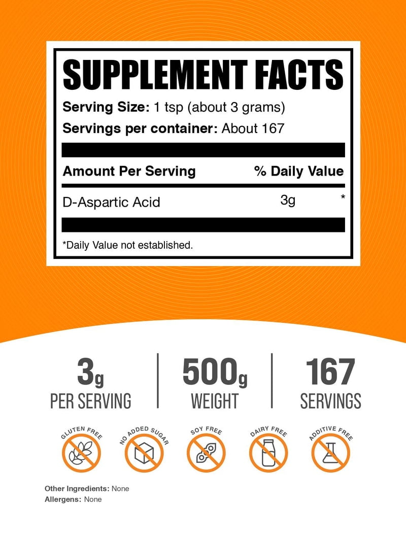 BulkSupplements D-Aspartic Acid Powder - DAA Supplement, Amino Acid Supplement, 3g per Serivng, 500g (1.1 lbs)