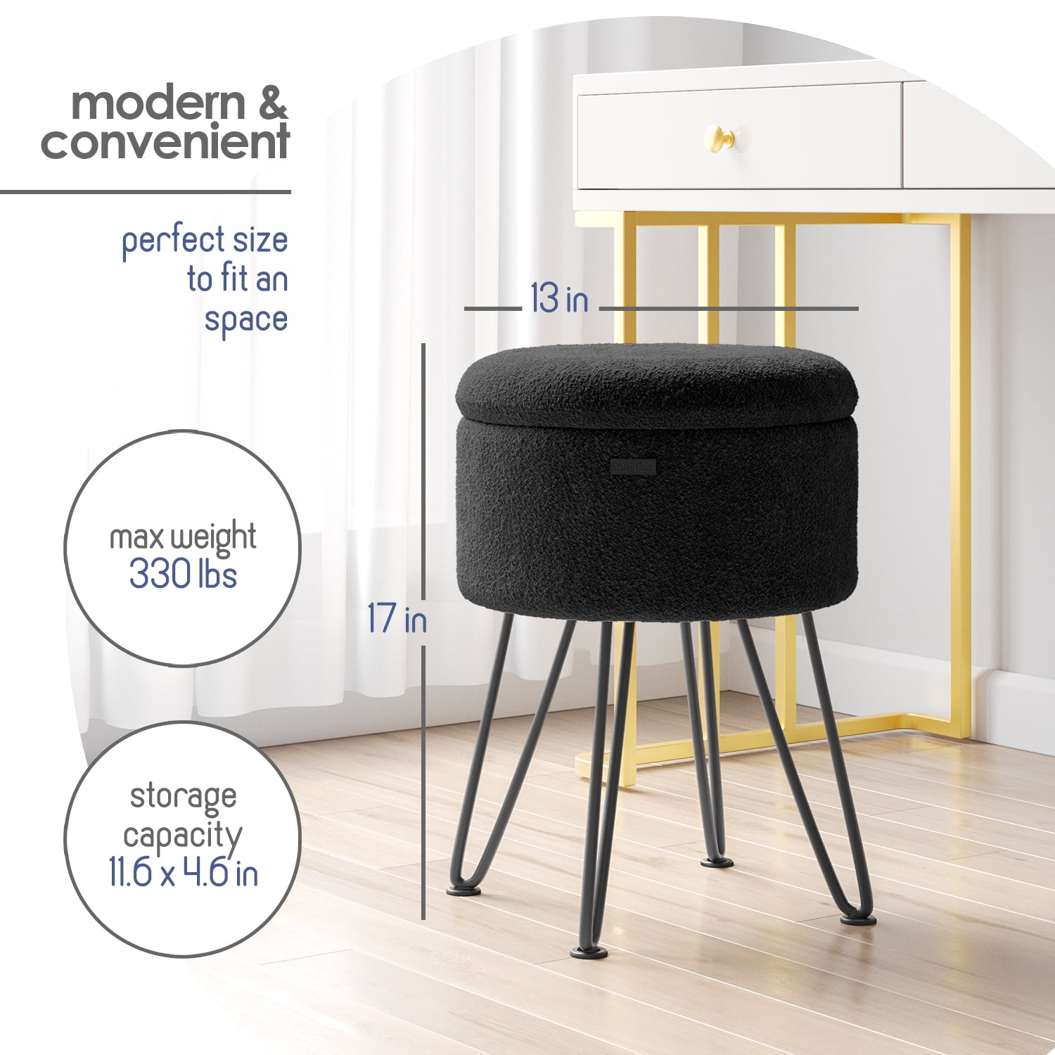 Hearth & Harbor Round Ottoman with Storage, Luxurious Foot Stool and Chic Vanity Stool with Storage, Elegant Boucle Black
