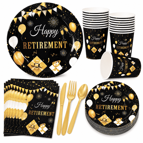 192Pcs Retirement Party Supplies Set, Black & Gold Disposable Tableware with Happy Retirement Banner, Plates Cups Utensils Napkins for 24 Guests, Elegant Decor for Retirement Celebrations