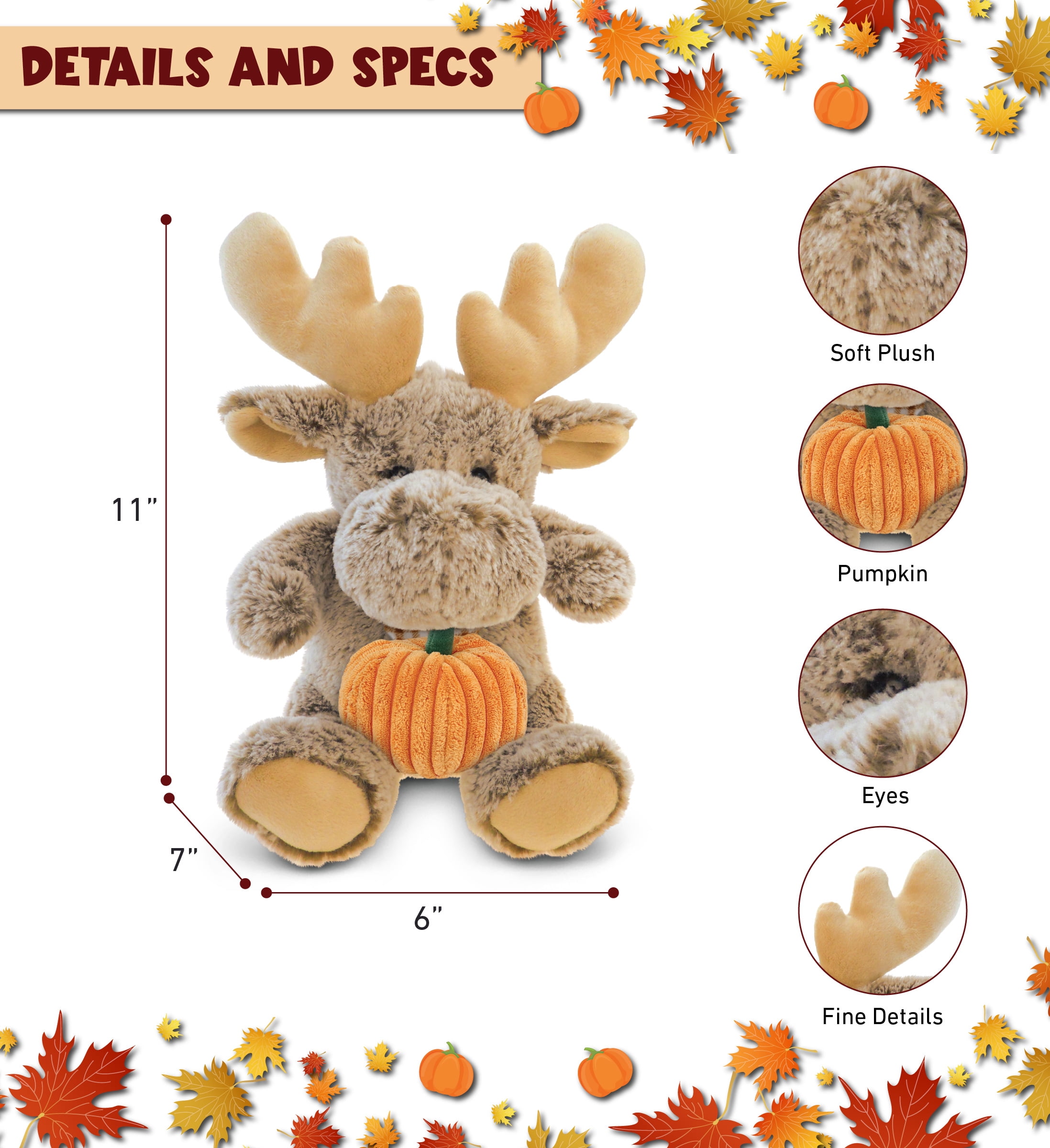DolliBu Super Soft Sitting Moose Stuffed Animal with Pumpkin Decor - Pumpkin Plush Animal for Fall, Halloween and Thanksgiving, Pumpkin Toy for Baby, Kids, Adults - 11 Inches