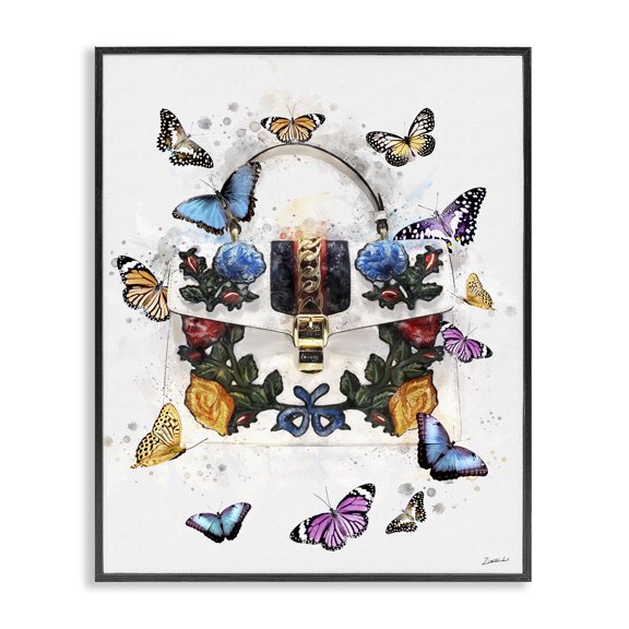 Stupell Industries Contemporary Fashion Buckle Purse Butterflies and Florals Black Framed Giclee Art, 11 x 14, by Ziwei Li