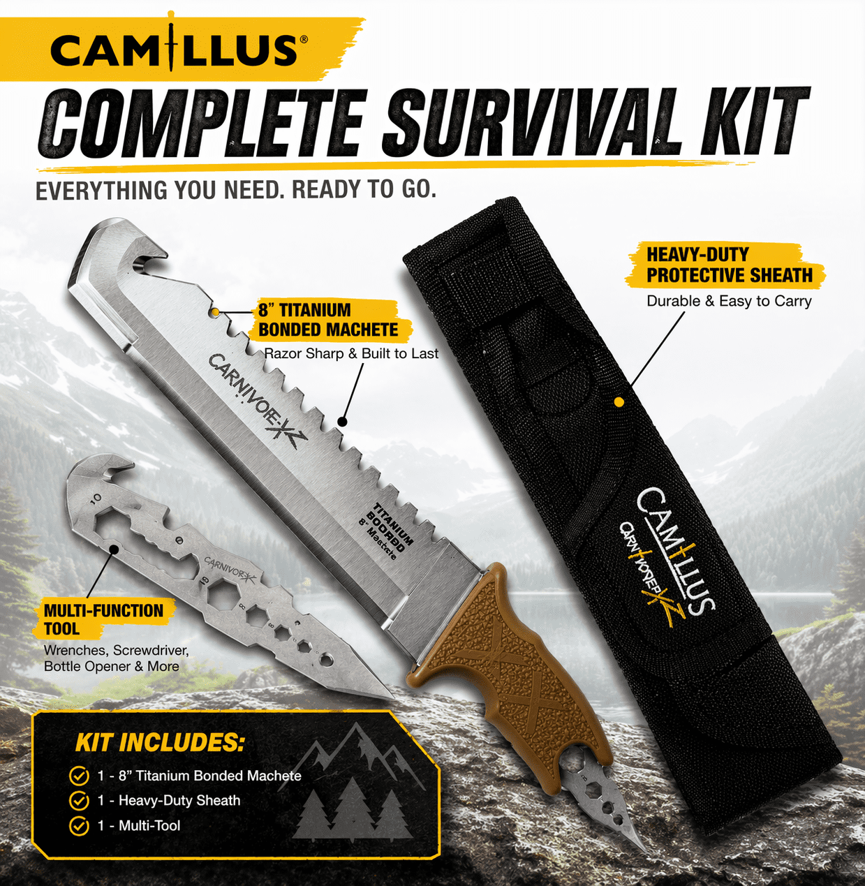 Camillus Carnivore XZ 8" Fixed Blade Knife Set with Sheath & Multi-Tool – Camping & Outdoor Utility Knife