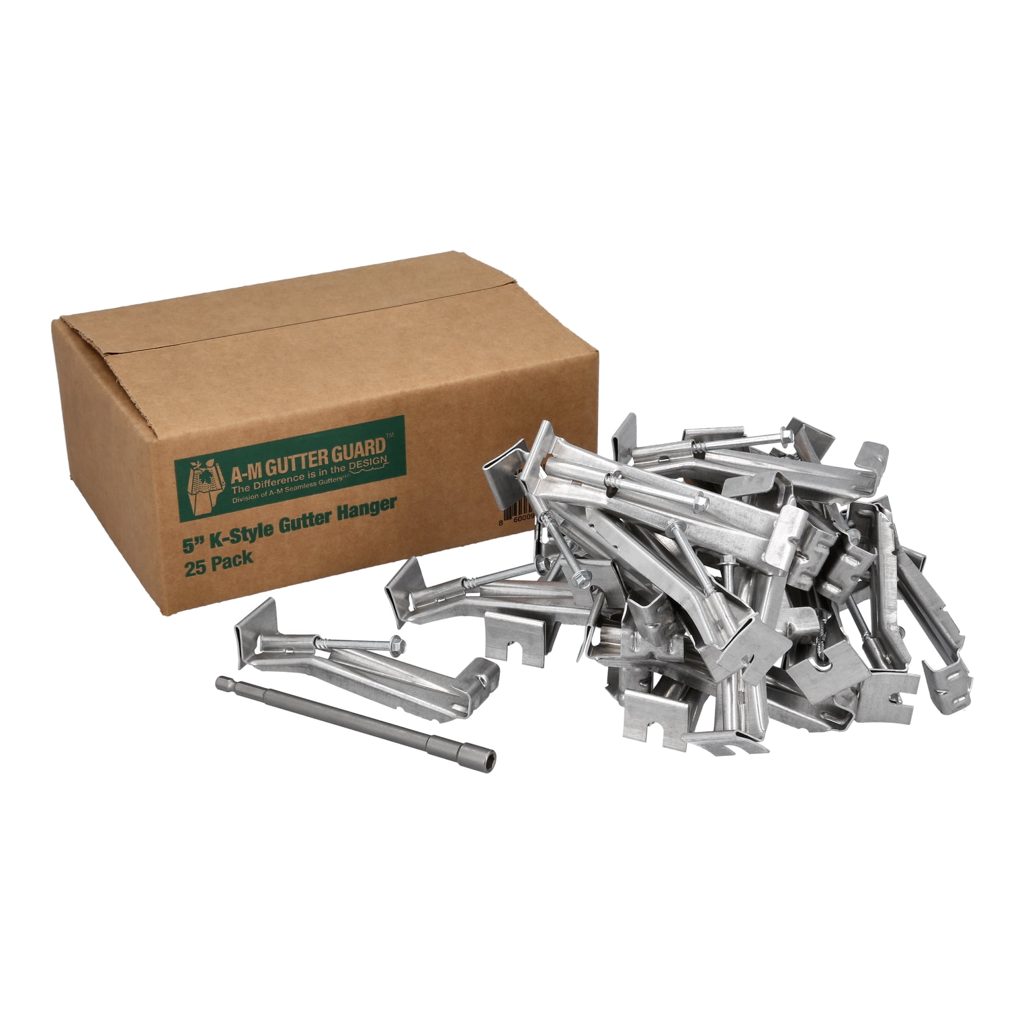 A-M Gutter Guard - 5" K Style Gutter Hangers - Heavy Duty Hidden Rain Gutter Bracket Support With Speed Screw and Clip - Includes 1/4" x 6" Hex Bit - (25 Pack)
