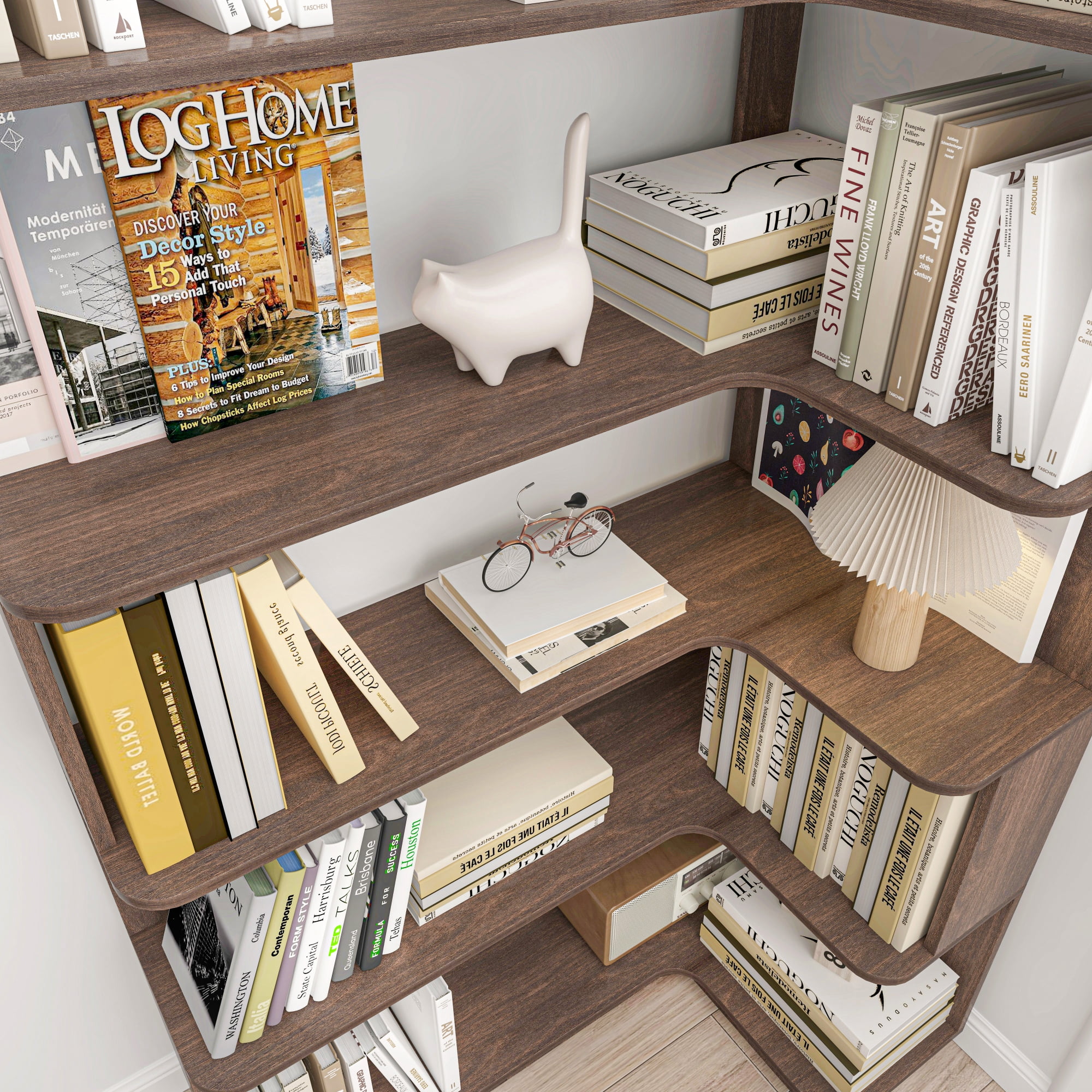 Leumius 5 Tier Freestanding Bookshelf,Wooden L-Shaped Corner Bookcase with Anti-drop Panel and Anti Tipping Device, Display shelf Open Storage,Dark Brown