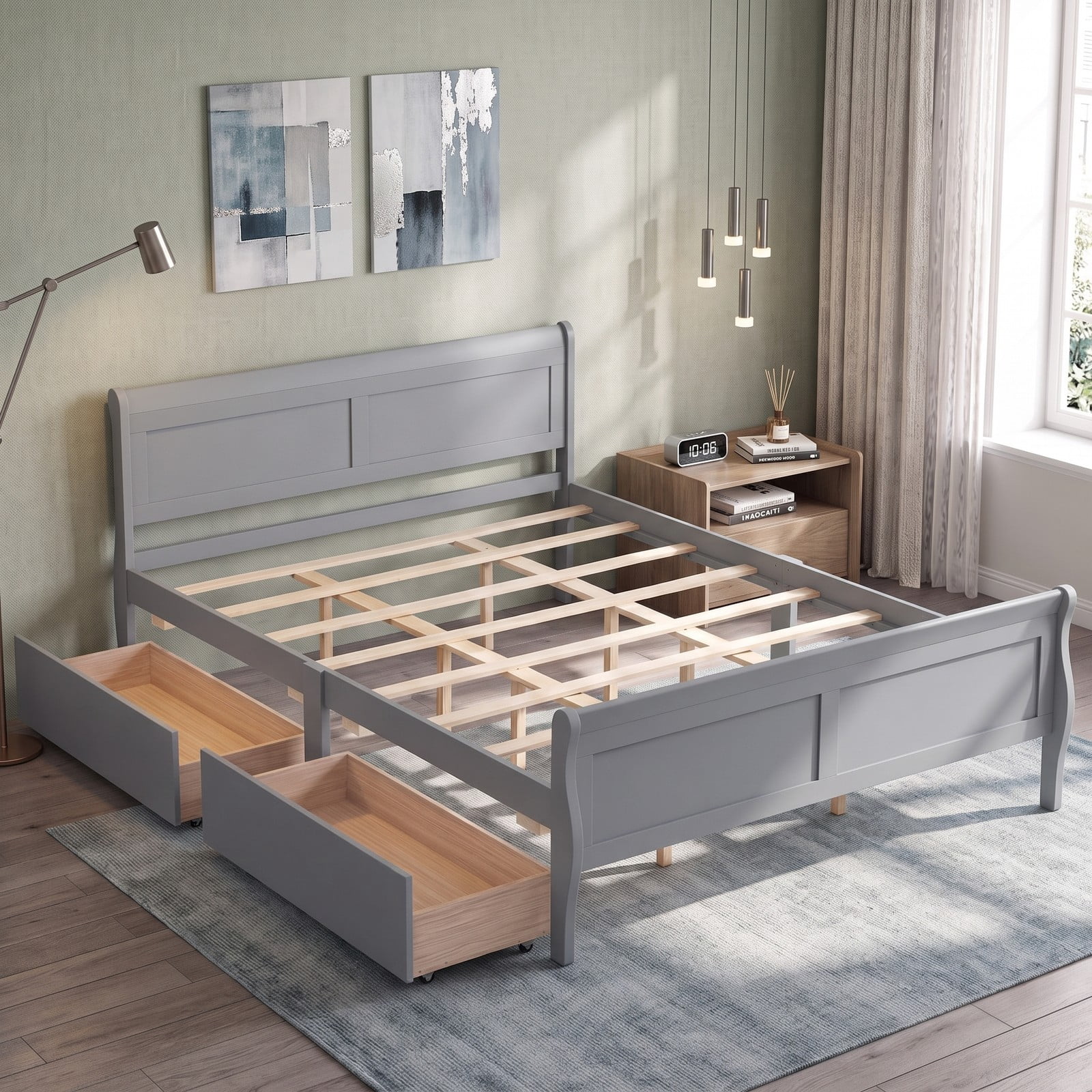 Furnibear Queen Bed Frame, Wood Bed Frame with 2 Storage Drawers Headboard and Footboard, Queen Bed Frame with Headboard for Bedroom, Gray