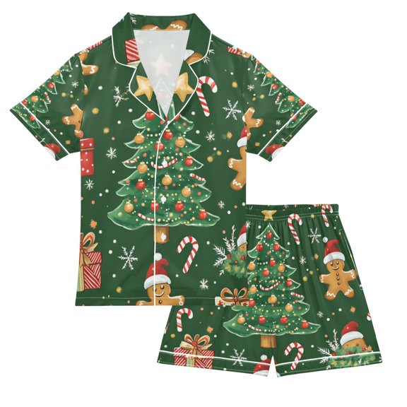 FORMRS Kids Satin Short Sleeve Pajama Set Unisex Top and Pants Soft 2-Piece Sleepwear, Sizes 5-6Y, Christmas Tree