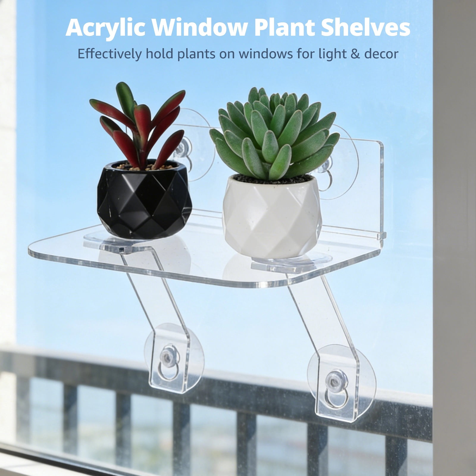 2 Pcs Acrylic Window Plant Shelves, 7.7 in Clear Window Sill Extender with Suction Cups and Support Leg, Floating Shelf for Plants, No Drill, Damage-Free, Easy to Install