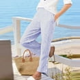 thumbnail image 6 of Brondbend Women's Straight Leg Pants Casual Long Pants for Women Stripe Elastic Mid Waisted Flat Front Side Button Trousers with Pockets Fashion Loose Fit Summer Fall Lightweight,Blue, 6 of 6