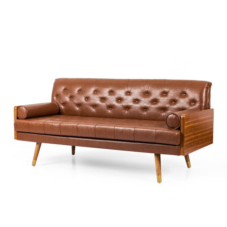 Demuir Mid Century Modern Tufted Sofa with Rolled Accent Pillows Cognac Brown