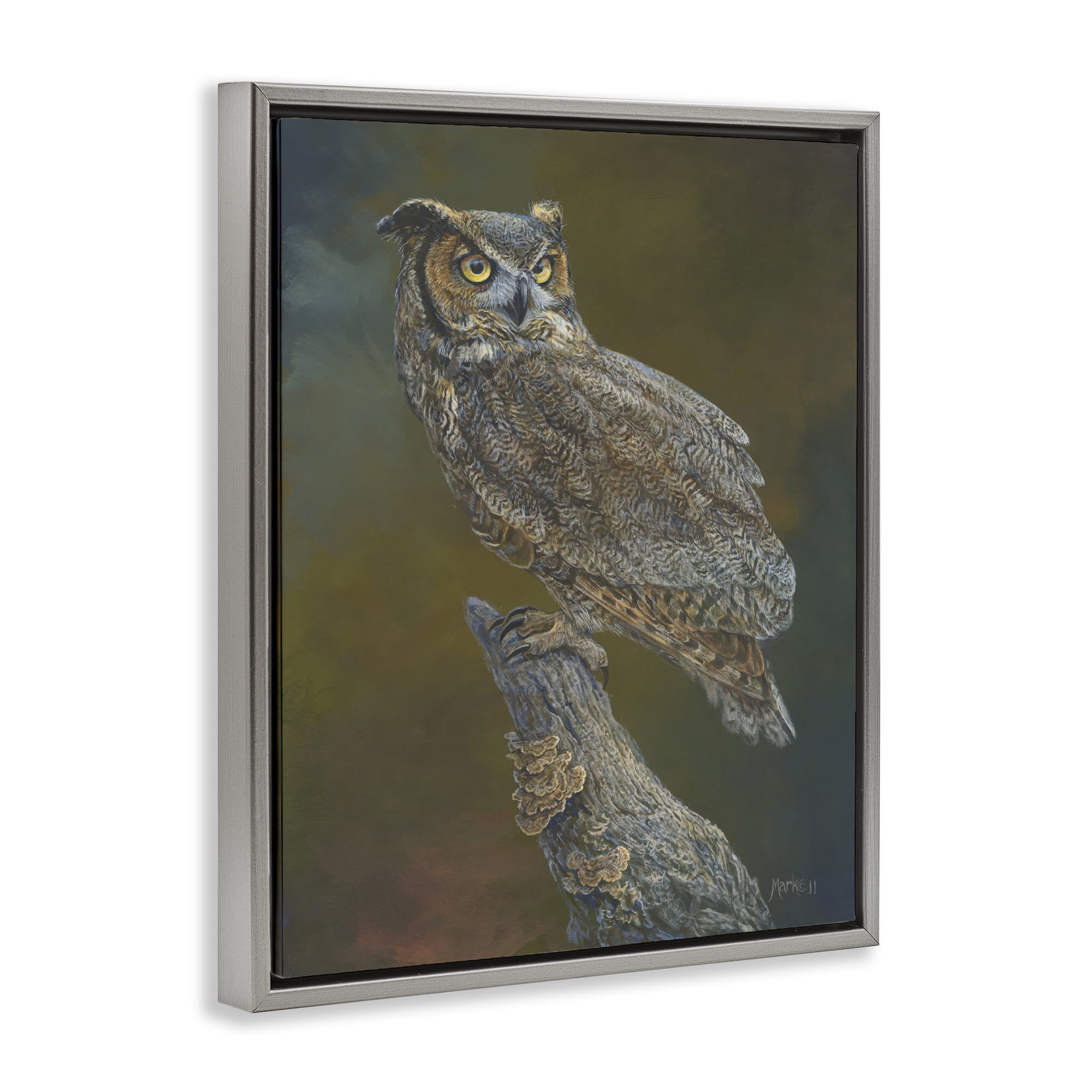 Stupell Industries Great Horned Owl on Branch Animals Painting Gray Floater Framed Canvas Art Print Wall Art, 17 x 21