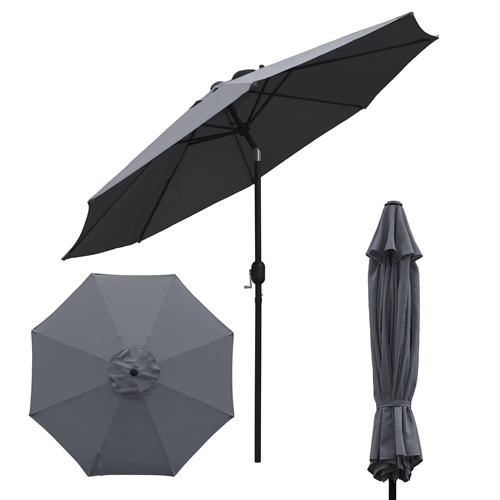 Kool Outdoor 9ft Patio Umbrella with Crank Handle and Push Button Tilt, Outdoor Market Umbrella with 8 Ribs - Dark Gray