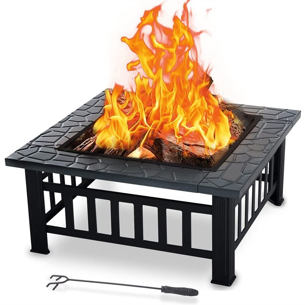 Outdoor 32'' Garden Fire Pit BBQ Square Stove Patio Backyard Heater Fireplace 