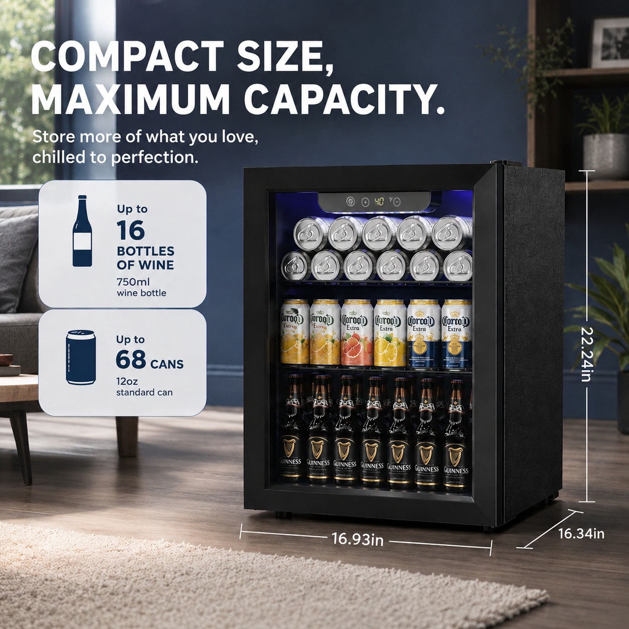 Auseo 1.7 Cu.ft 16 Bottle Beverage Refrigerator and Cooler, 68 Cans Mini Fridge with Glass Door & Adjustable Removable Shelves, Wine Cellar