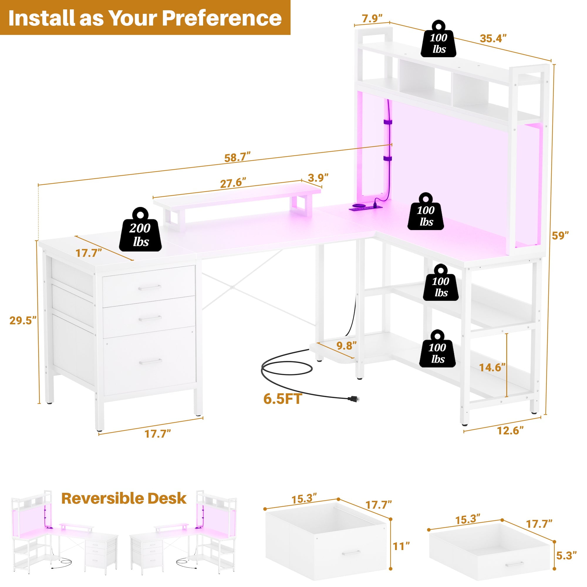Homieasy L Shaped Desk with Hutch, Gaming Desk with Led Lights, Reversible Computer Desk with Power Outlet, Corner Desk with File Drawer & Monitor Stand, Storage Shelves for Home Office, White