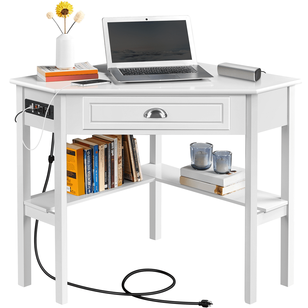Yaheetech Corner Computer Desk Workstation with Power Outlet Storage Drawer, White