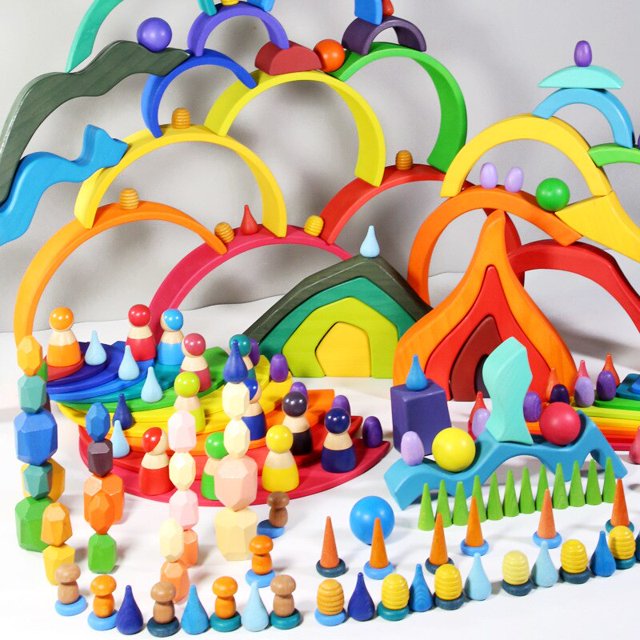 Montessori Rainbow Waldorf Toys Block Early Leranning Educational Stacker Creative Rainbow Building Blocks Wooden Toys For Kids zhangmengya LED