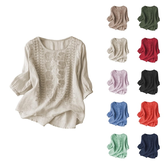 3/4 Length Sleeve Womens Tops Spring Summer Casual Cotton Linen Lightweight Crewneck Vintage Boho Embroidered T Shirts