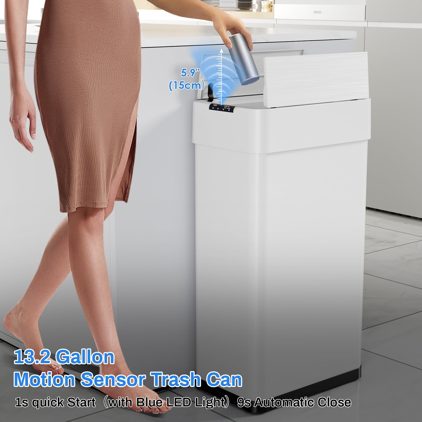 Arlopu 13.2 Gallon Automatic Trash Can Touchless Motion Sensor Trash Bin Smart Garbage Can W/ Wings Open Lid