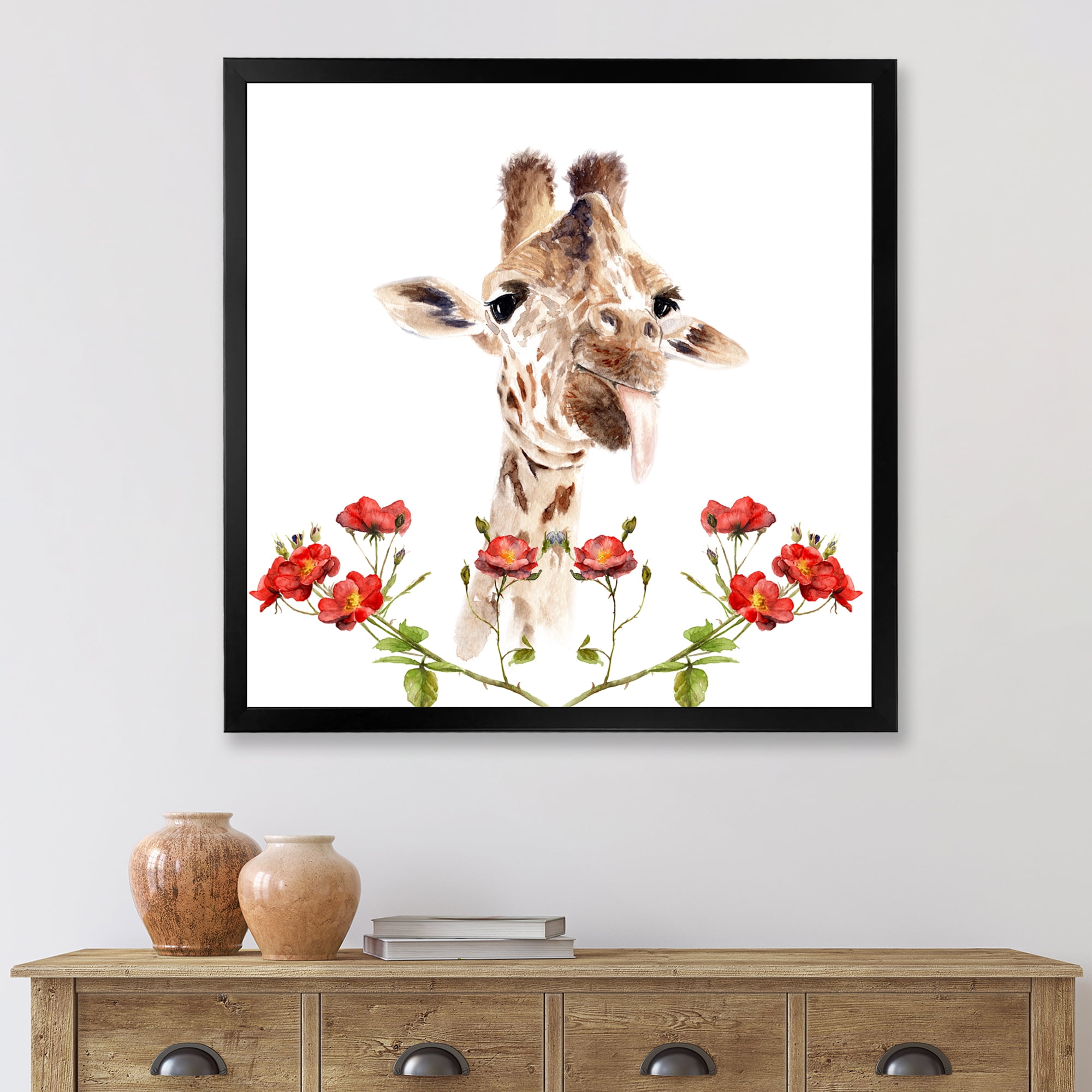 Designart 'Portrait of A Giraffe With Red Flowers I' Farmhouse Framed Art Print