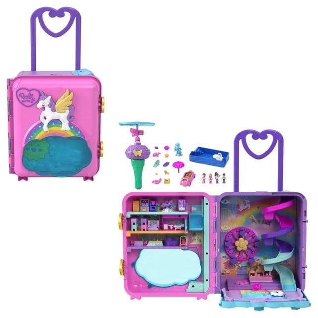 maleta set de juego mattel pollyville resort away polly pocket multicolor. Maleta infantil rosa y morada con manija extensible en forma de corazón y detalle de unicornio; al abrirse revela un resort de 3 pisos con ascensor, tobogán en espiral, sala de juegos y piscina, más accesorios y figuras para juego y almacenamiento portátil.
