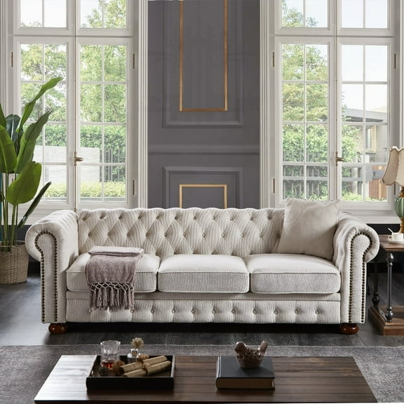 Modern Beige Linen Chesterfield Sofa 88.5L x 37W x 28H with Solid Wood Frame