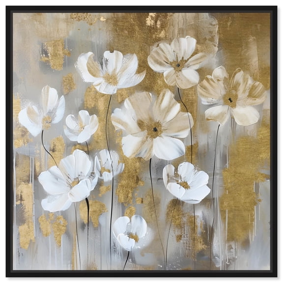 Golden Daisies Canvas Elegant White Gold Wall Art by Art Remedy, Black Frame, 12" x 12"