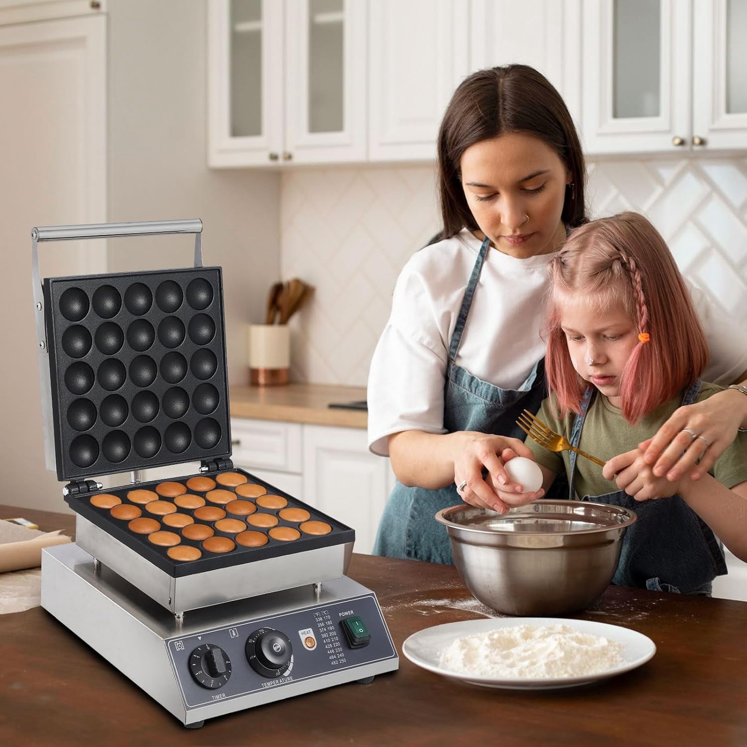 Commercial Round Muffin Maker 25 Hole Flip Top Non-Stick Waffle Maker Stainless Steel 110V Temperature and Time Control Heart Belgian Waffle Maker Ideal for Restaurant, Snack Bar and Home Use