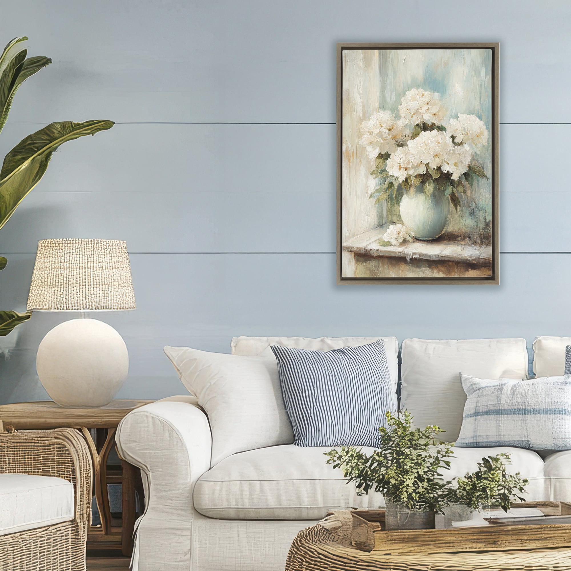 Stupell Industries Mantle Arrangement of Soft Blossoms Brown Framed Floater Canvas Wall Art, design by Petal Prints Design