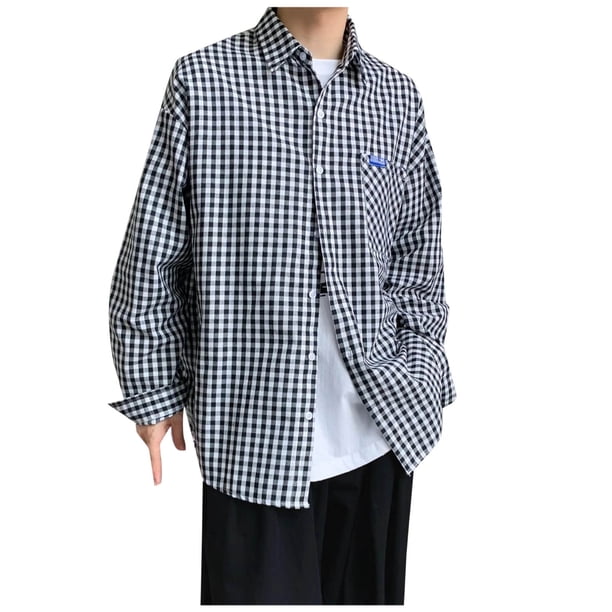 Blusa y camisa de manga larga con cuello vuelto para hombre, informal, con botones y bolsillos, camisa de manga larga a cuadros, camisa de lino para hombre