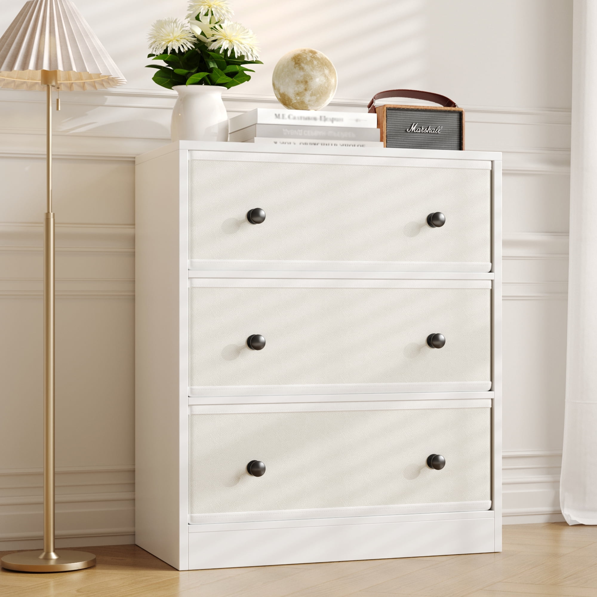 DIYART 3 Drawers Dresser for Bedroom, Modern Storage Cabinet with PU & Non-Woven Fabric Drawers, Small Fabric Dresser for Bedroom and Living Room, White
