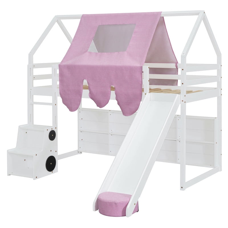 Twin Size Wooden Loft Bed with Slide and Ladder, House-Shaped Loft Bed Frame with Tent, Storage Shelves and Car-Shaped Storage Cabinet, Kids Playhouse Bed with Safety Handrails