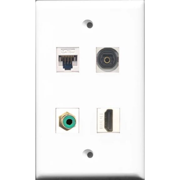 RiteAV 1 Port HDMI and 1 Port RCA Green and 1 Port Toslink and 1 Port Cat5e Ethernet White Wall Plate