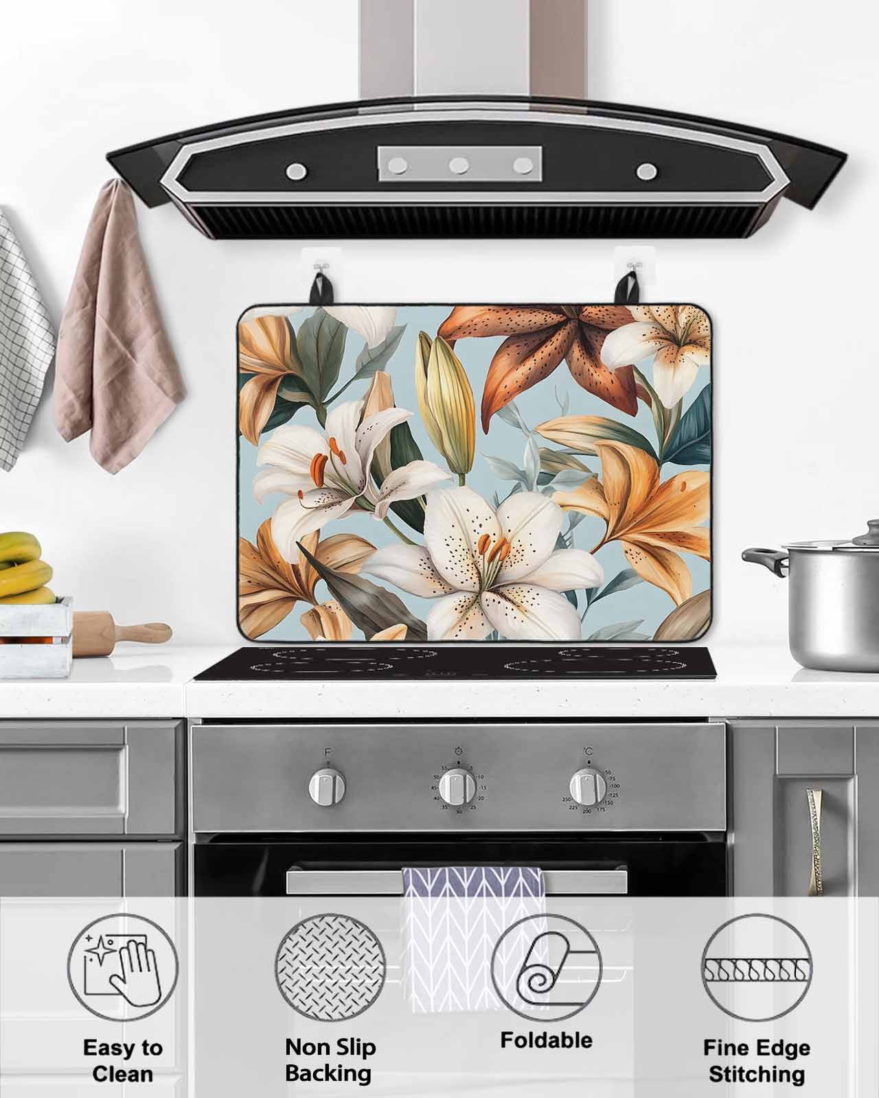 nqOlkjepod Large Induction Cooktop Protector Mat 24"x21", Flower Floral Stove Top Covers for Electric Stove, Lily Budding Plant Botanicals Blossom Stove Burner Cover Mats, Glass Top Stove Cover