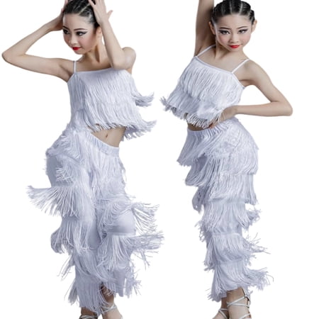 FYDUU Kids Girl Clothes Set Girls 2 Piece Latin Ballroom Dance Outfits Sleeveless Tassel Camisole Fringe Pants Party Modern Dancewear 3-4 Years