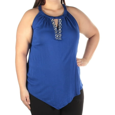 Rhinestone Keyhole - INC Womens Blue Embellished Rhinestone Sleeveless Keyhole Top Size: XL