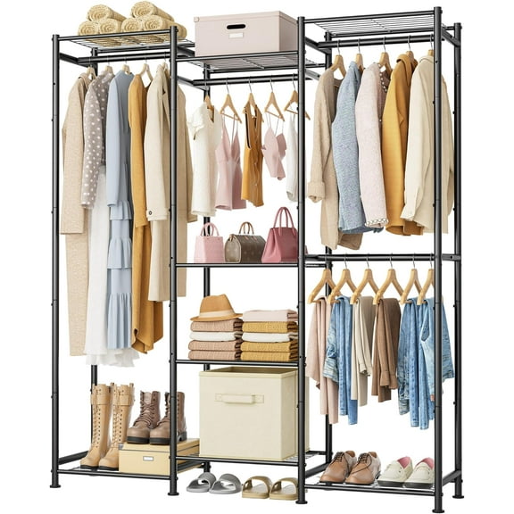 Wardrobe Closet, 4 Hanging Spaces Portable Clothes Rack,Free Standing Closet Organizer and Storage System with Hanging Rods,Clothing Rack Suitable for Cloakroom,Bedroom,Entrances,etc.Black